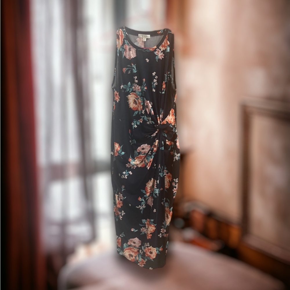 Elegant Navy Blue with floral asymmetrical slim cut midi Dress